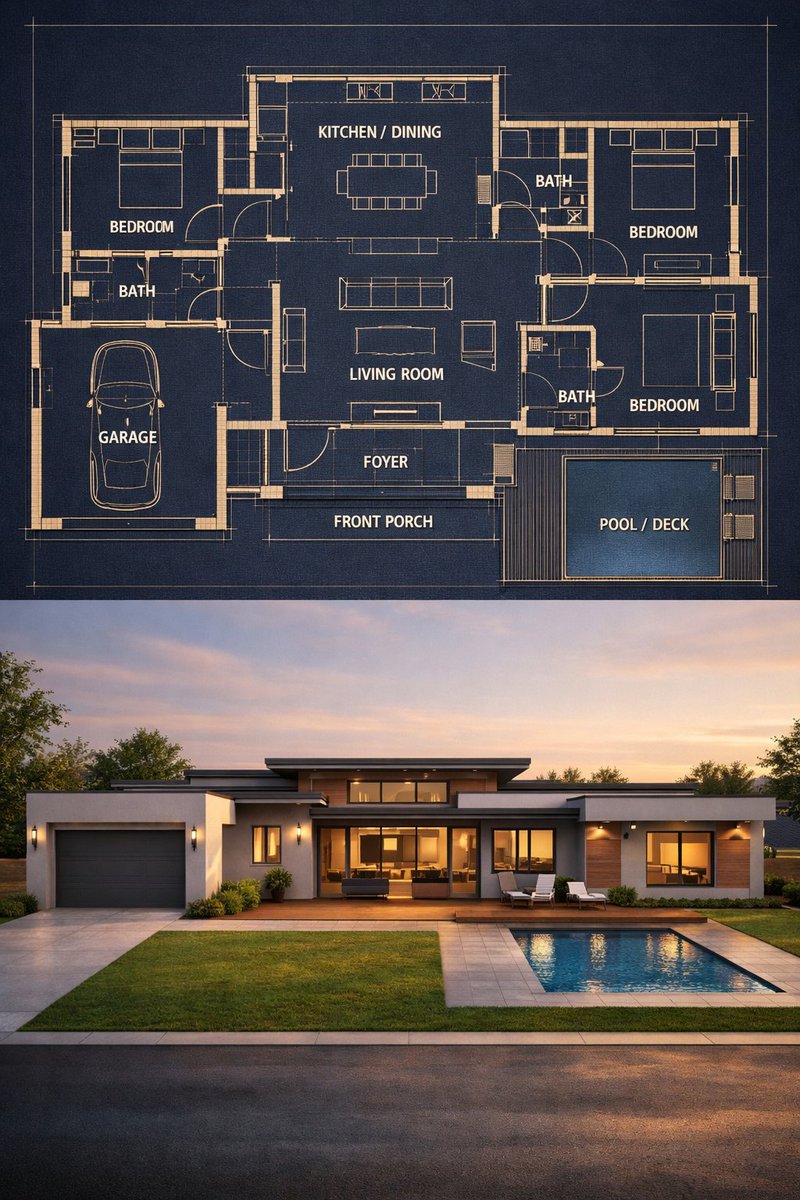 A split architectural visualization featuring a luxury dark-themed blueprint on the top section and a perfectly matched photorealistic modern single-story house render on the bottom section. Thumbnail 2