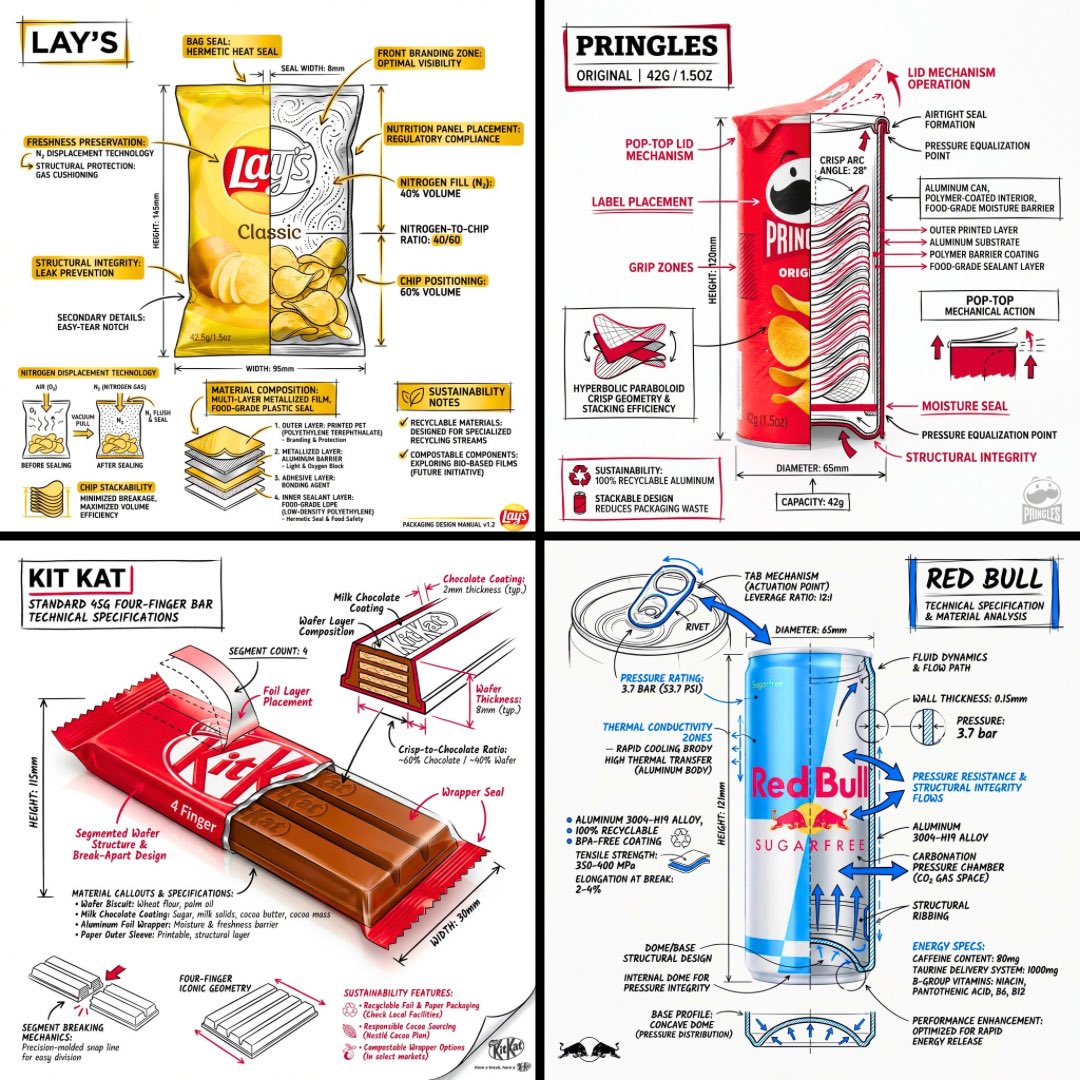 A branded technical infographic of a snack featuring a photorealistic product render with black ink annotation overlays, cross-section details, measurements, and accent highlights on a clean white background.