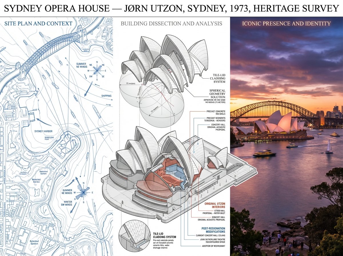 A preservation architecture survey board showing a building through site plan context, structural axonometric cutaway, and cinematic human-scale photography arranged in a three-part analytical layout.