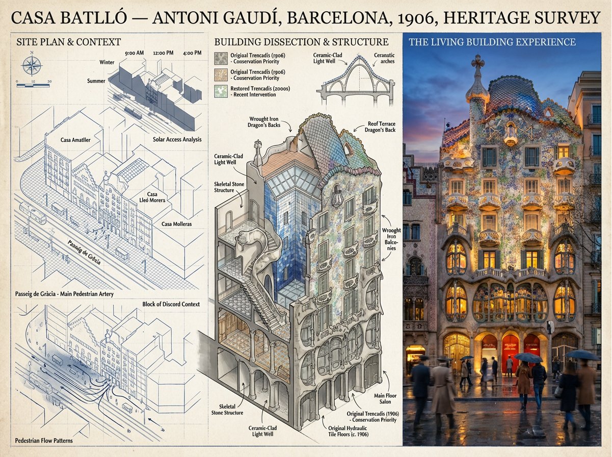 A preservation architecture survey board showing a building through site plan context, structural axonometric cutaway, and cinematic human-scale photography arranged in a three-part analytical layout. Thumbnail 2