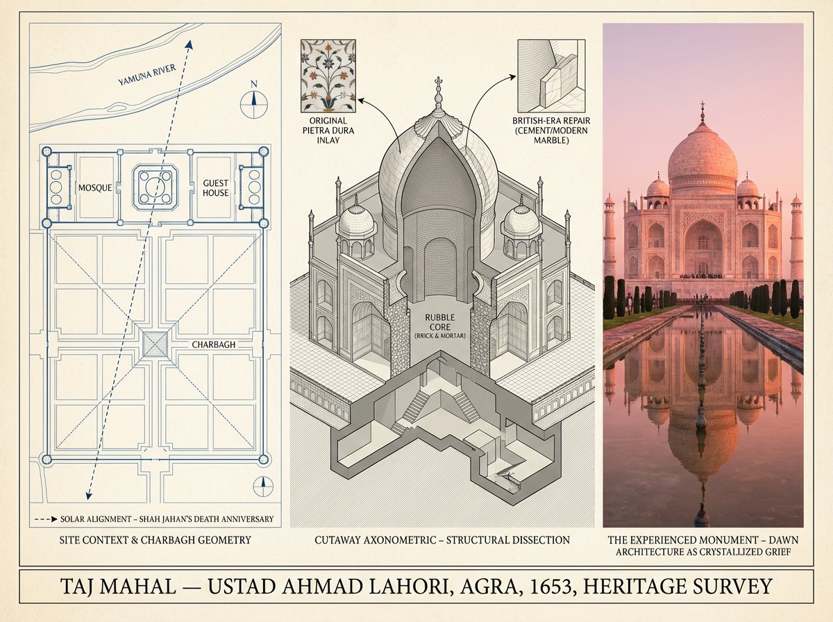 A preservation architecture survey board showing a building through site plan context, structural axonometric cutaway, and cinematic human-scale photography arranged in a three-part analytical layout. Thumbnail 3