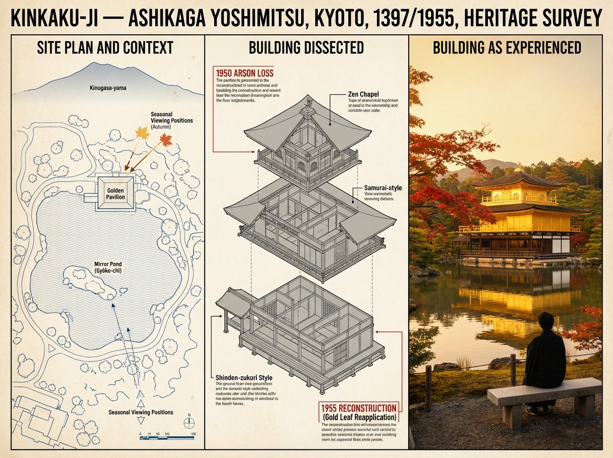 A preservation architecture survey board showing a building through site plan context, structural axonometric cutaway, and cinematic human-scale photography arranged in a three-part analytical layout. Thumbnail 4