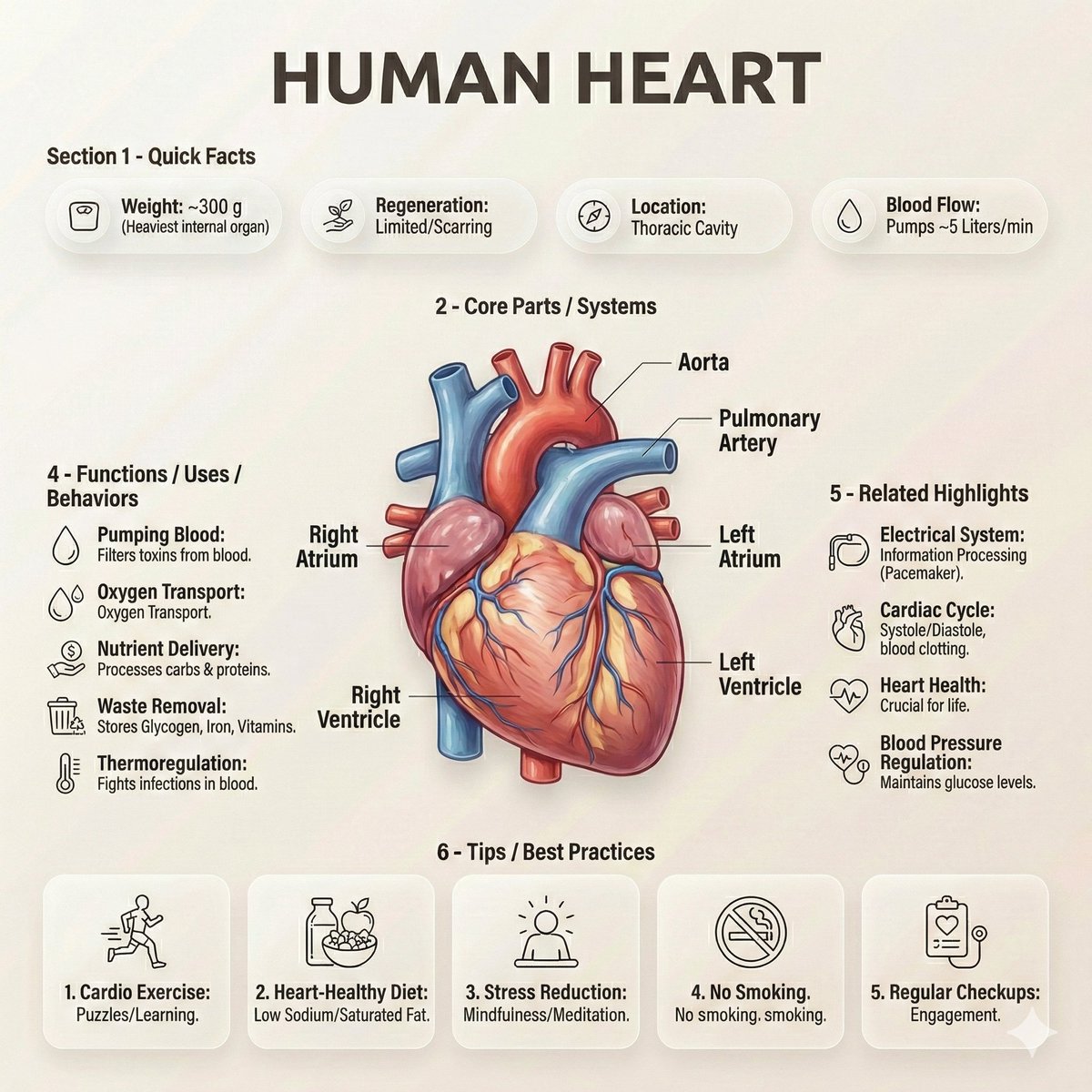 A modern medical infographic poster showing a 3D human liver with labeled anatomical parts, quick facts, functions, and health tips arranged in a clean editorial UI-style layout.