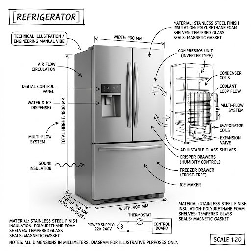 A technical infographic of a washing machine featuring a photorealistic render with black ink architectural annotations, internal cutaway details, labeled components, and engineering-style diagrams on a white background. Thumbnail 2