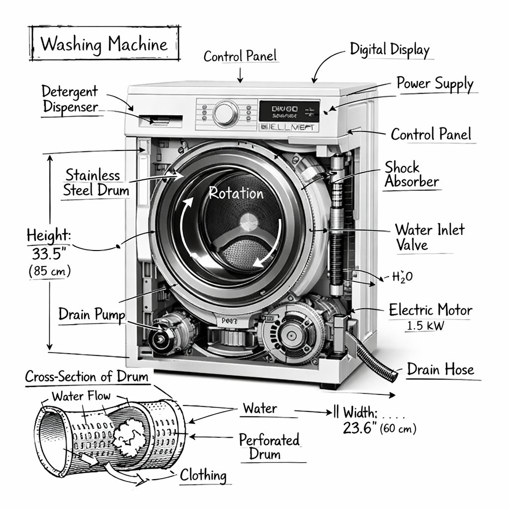 A technical infographic of a washing machine featuring a photorealistic render with black ink architectural annotations, internal cutaway details, labeled components, and engineering-style diagrams on a white background. Thumbnail 3