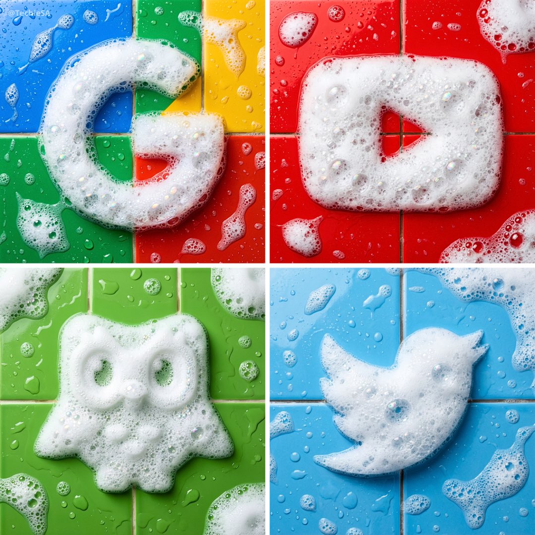 A soap foam sculpture shaped like a brand logo placed on glossy wet bathroom tiles with realistic bubbles, suds, and clean product photography lighting.