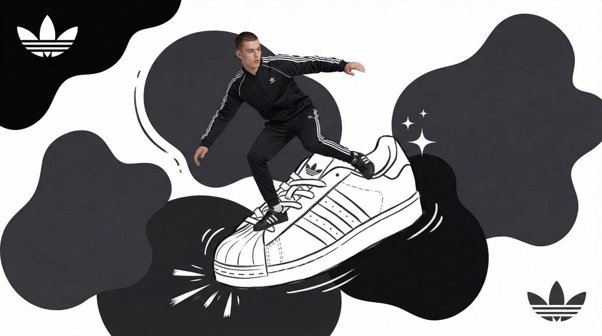 A mixed-media campaign poster showing a real fashion model interacting dynamically with a large hand-drawn illustrated object on a bold color background with graphic motion elements and Y2K-inspired design aesthetics.