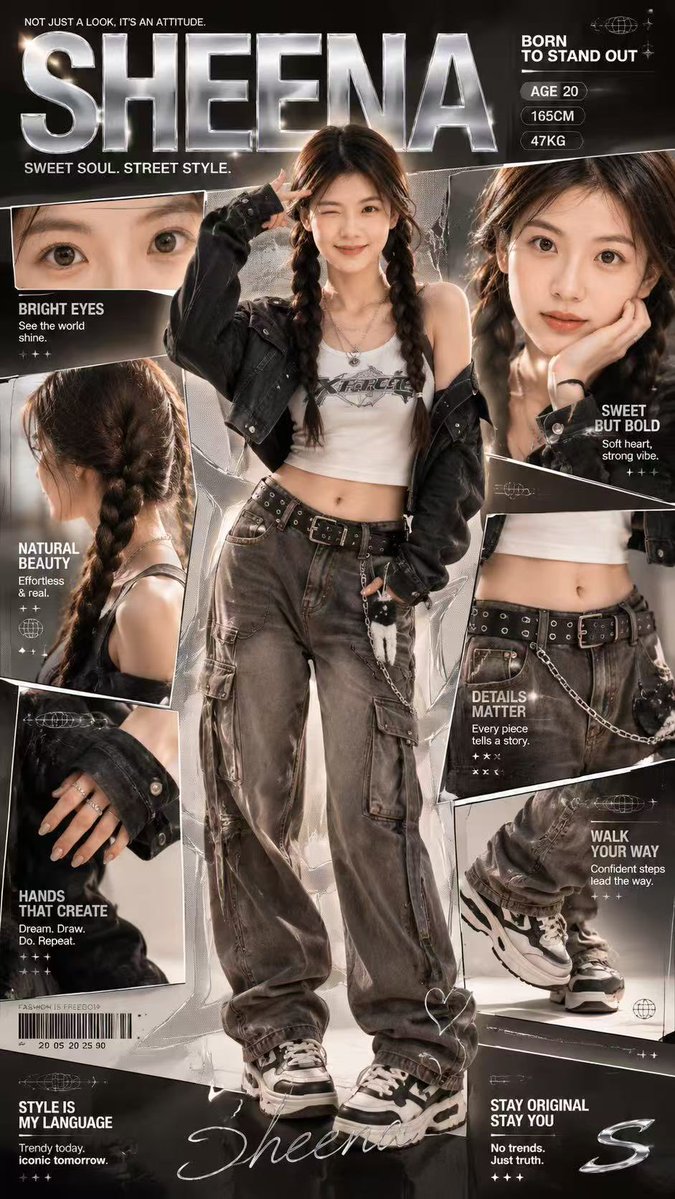 A 9:16 Y2K fashion profile collage poster featuring a trendy young girl with multiple close-up panels, chrome typography, streetwear styling, and polished editorial magazine design.