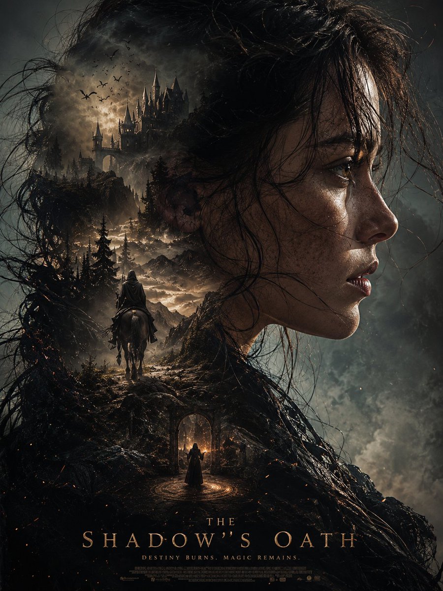 A cinematic dark fantasy vertical poster featuring a hyper-realistic side profile portrait with wet hair, dramatic lighting, double exposure effects, and epic movie-style composition.