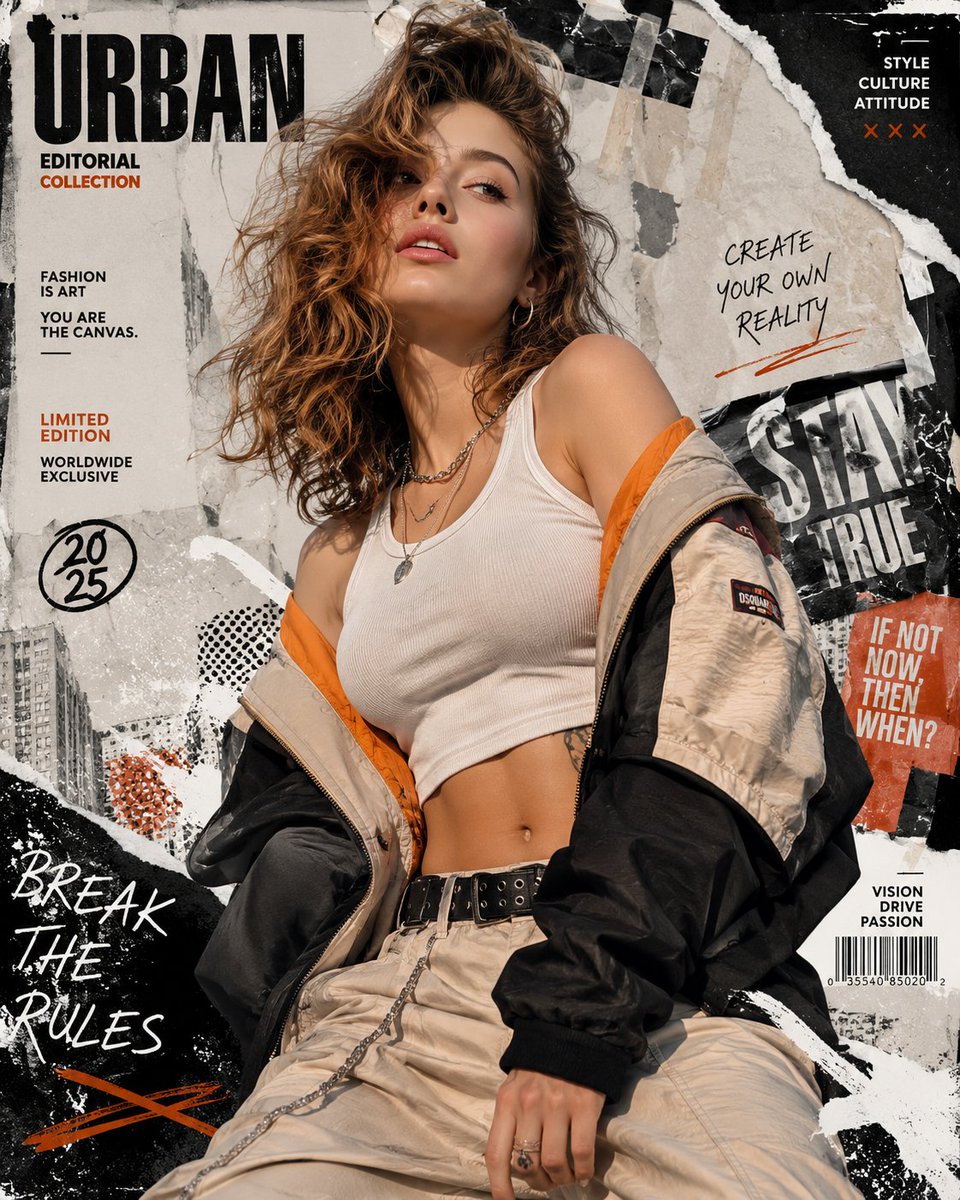 An 8K urban fashion editorial collage poster featuring a stylish model in modern streetwear surrounded by ripped paper textures, graffiti elements, and cinematic fashion magazine styling.