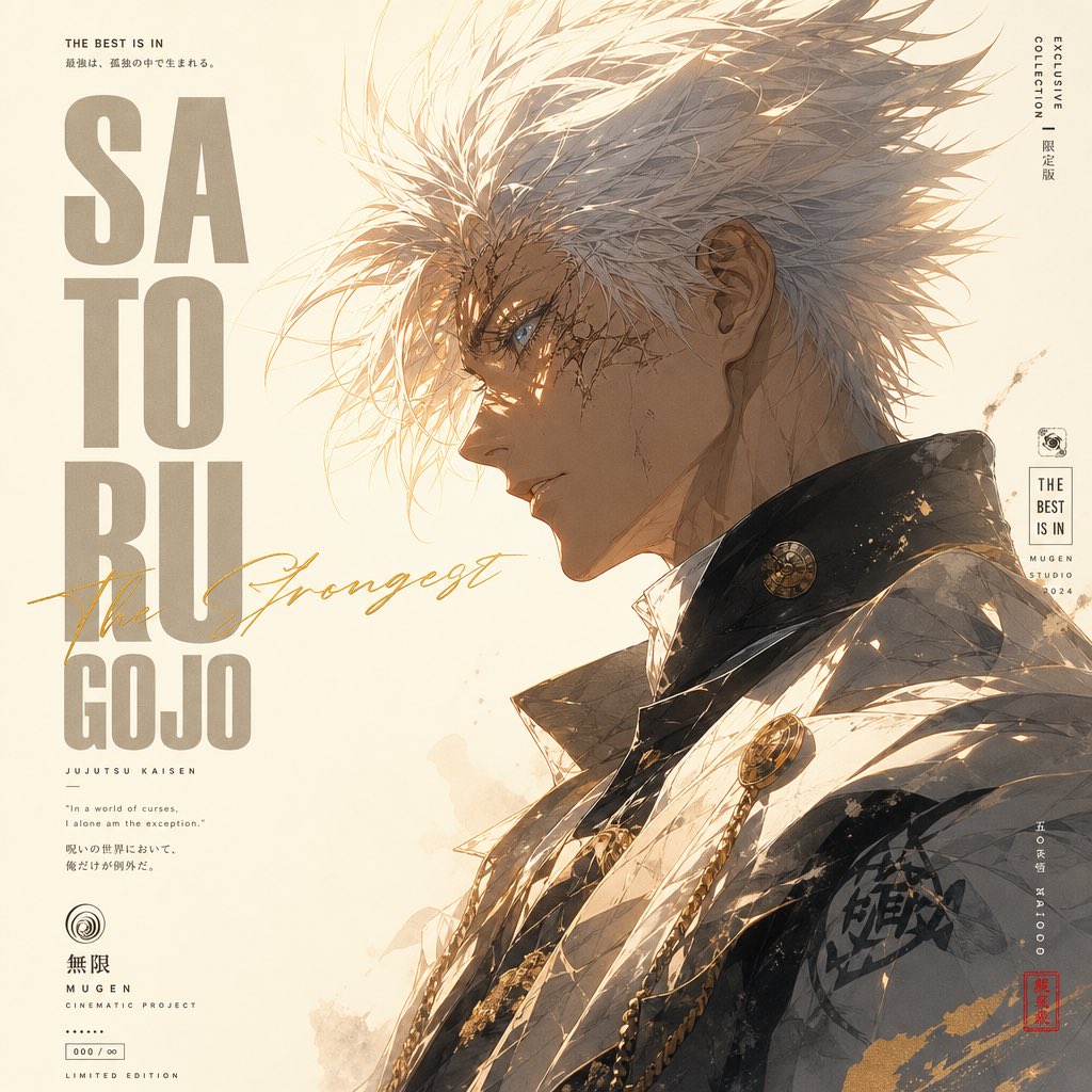 A minimalist high-fashion anime poster featuring a side-profile male character with fluffy white hair, cinematic golden lighting, and luxury editorial typography on a soft ivory background.
