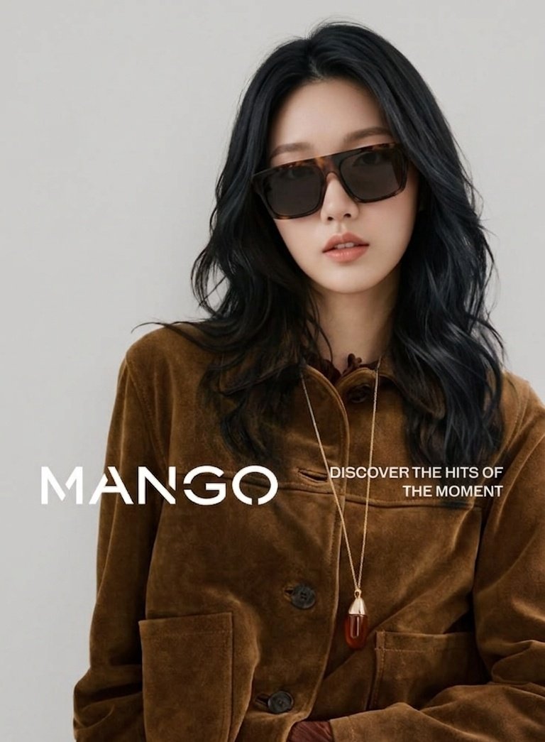 A high-end fashion editorial portrait of a young East Asian woman in a suede jacket and denim outfit with soft studio lighting and minimalist magazine typography reading â€œMANGOâ€.
