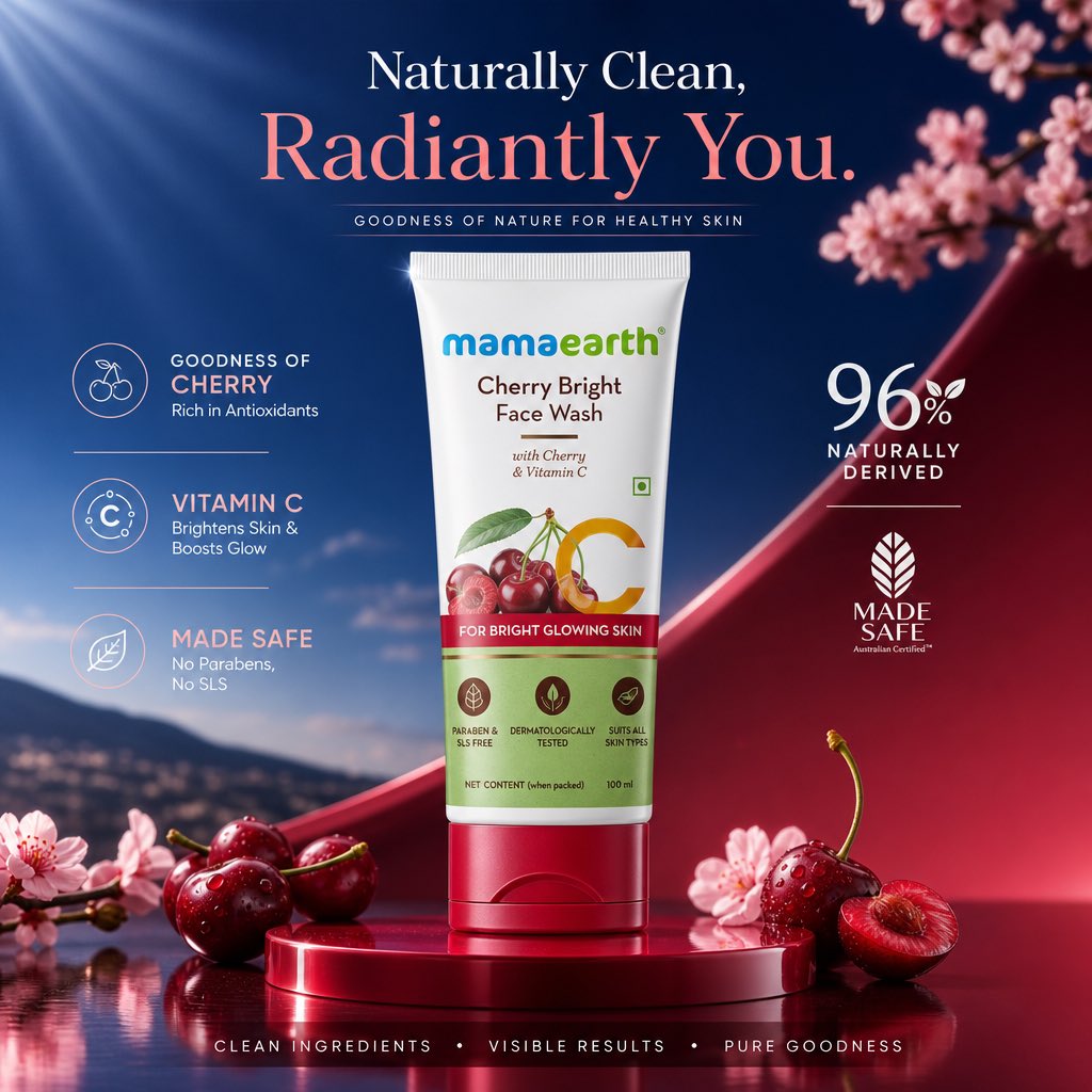 A premium cosmetic social media poster featuring a skincare facewash product centered on a deep blue and cherry-red gradient background with cinematic lighting and glossy reflections.