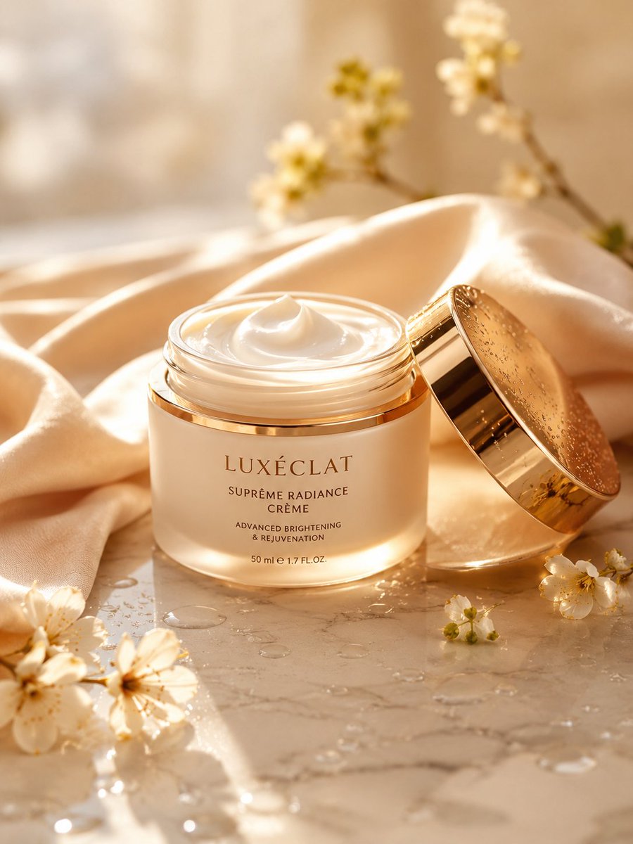 A premium skincare cream jar on a marble surface surrounded by beige silk fabric, flowers, and warm golden sunlight with cinematic luxury beauty photography styling.