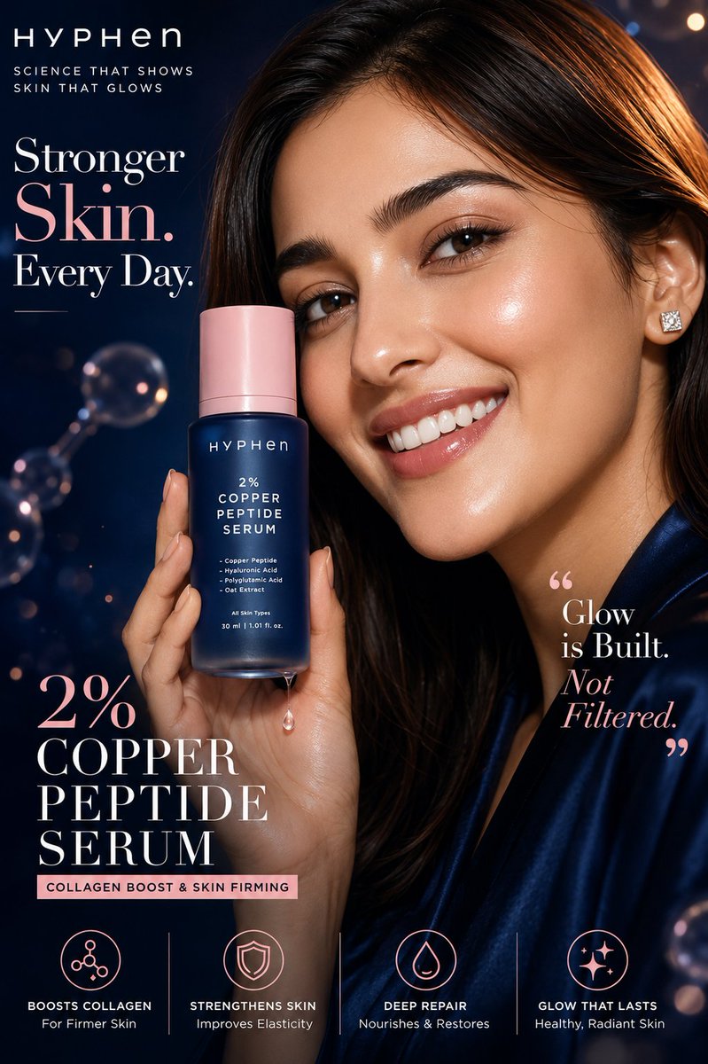 A luxury skincare campaign poster featuring a South Asian beauty model holding a premium copper peptide serum bottle with cinematic navy-blue lighting, glowing skin, and elegant editorial typography.