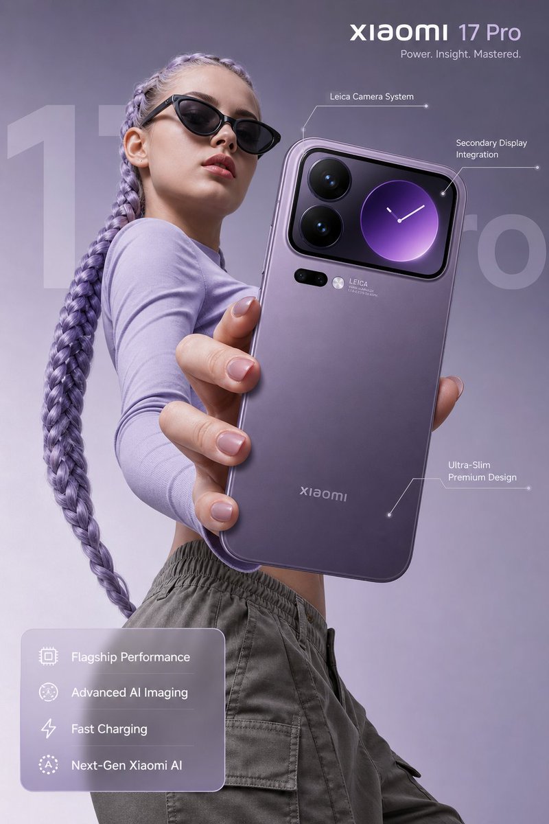 Futuristic smartphone advertisement featuring a young woman holding a lavender Xiaomi 17 Pro with cinematic lighting, UI overlays, and premium tech-commercial styling.