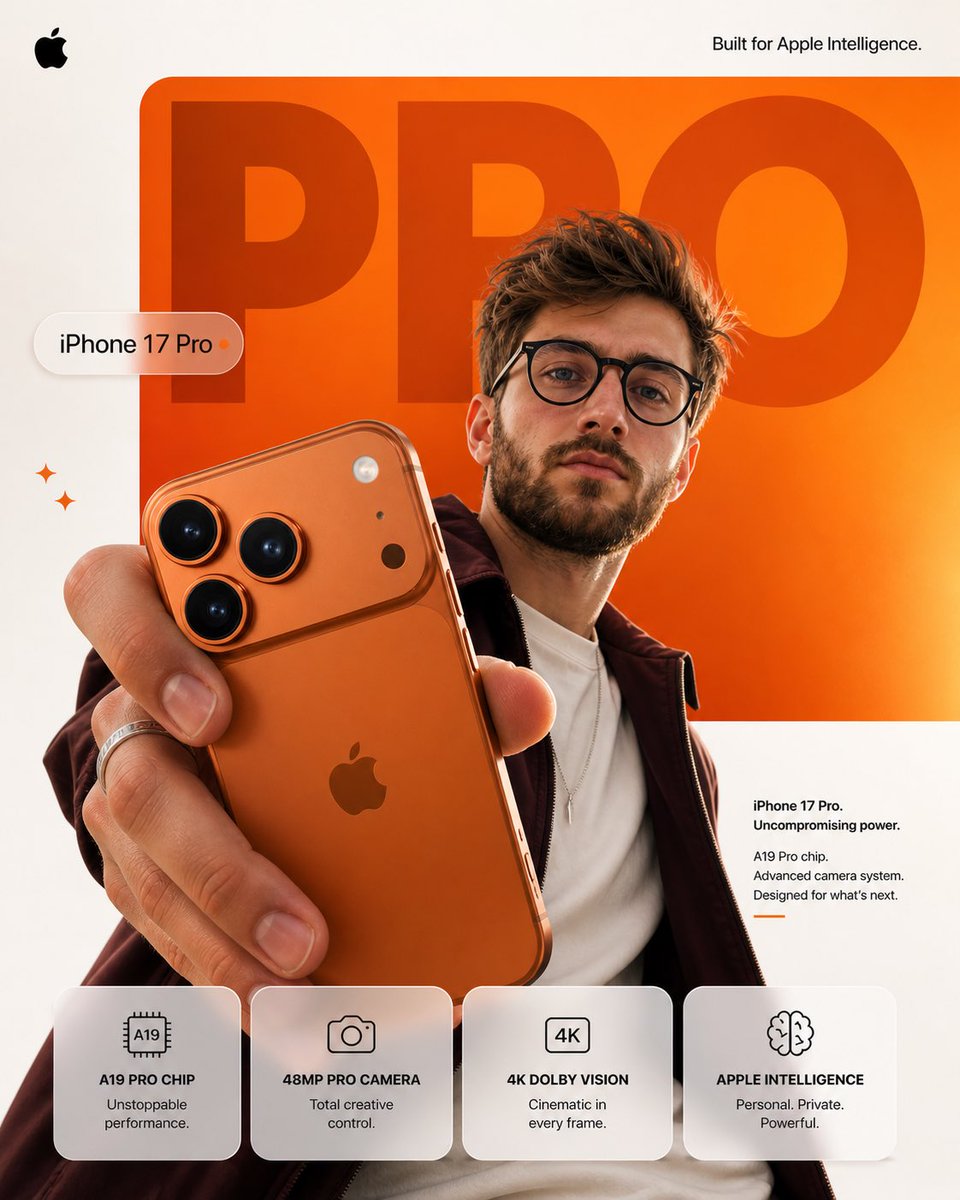 Apple-style smartphone advertisement featuring a young male model holding an iPhone 17 Pro with titanium orange finish in a clean minimalist studio with orange gradient background.