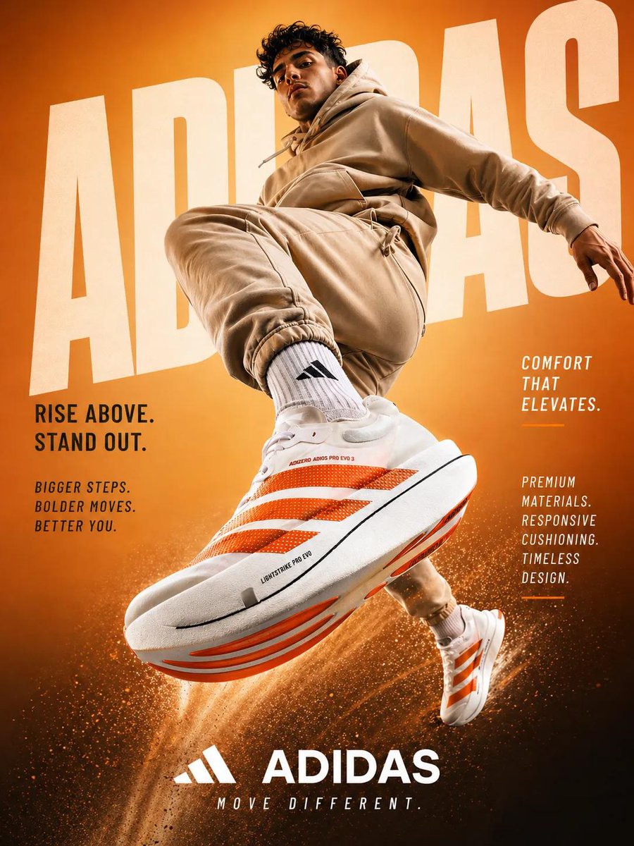 Athletic male model jumping mid-air toward camera in sportswear advertisement with oversized sneakers, orange gradient background, and dynamic motion effects.
