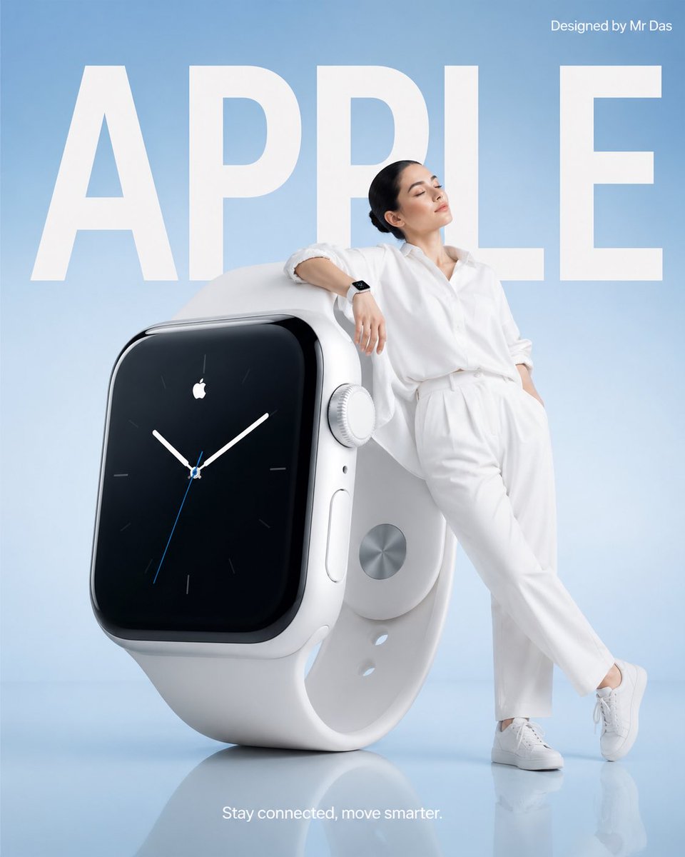 Minimalist smartwatch advertisement featuring a young woman in white outfit leaning against an oversized watch with soft blue gradient background and reflective studio floor.