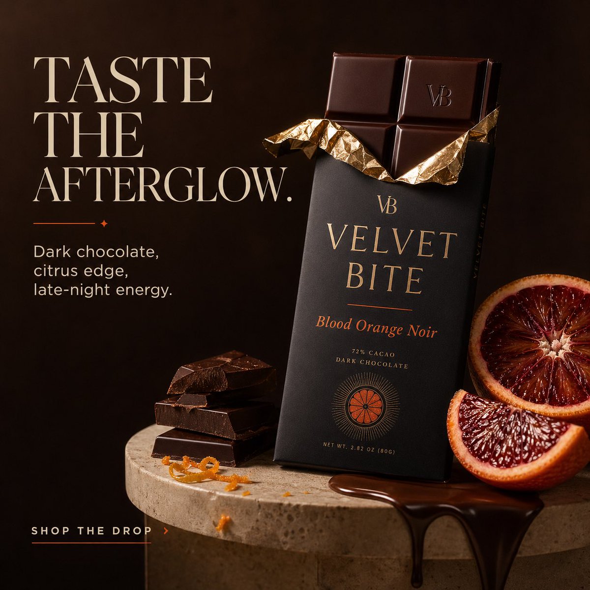 Luxury chocolate brand campaign featuring Velvet Bite dark chocolate bars in three flavor variations with premium packaging, cinematic lighting, and elegant editorial styling.