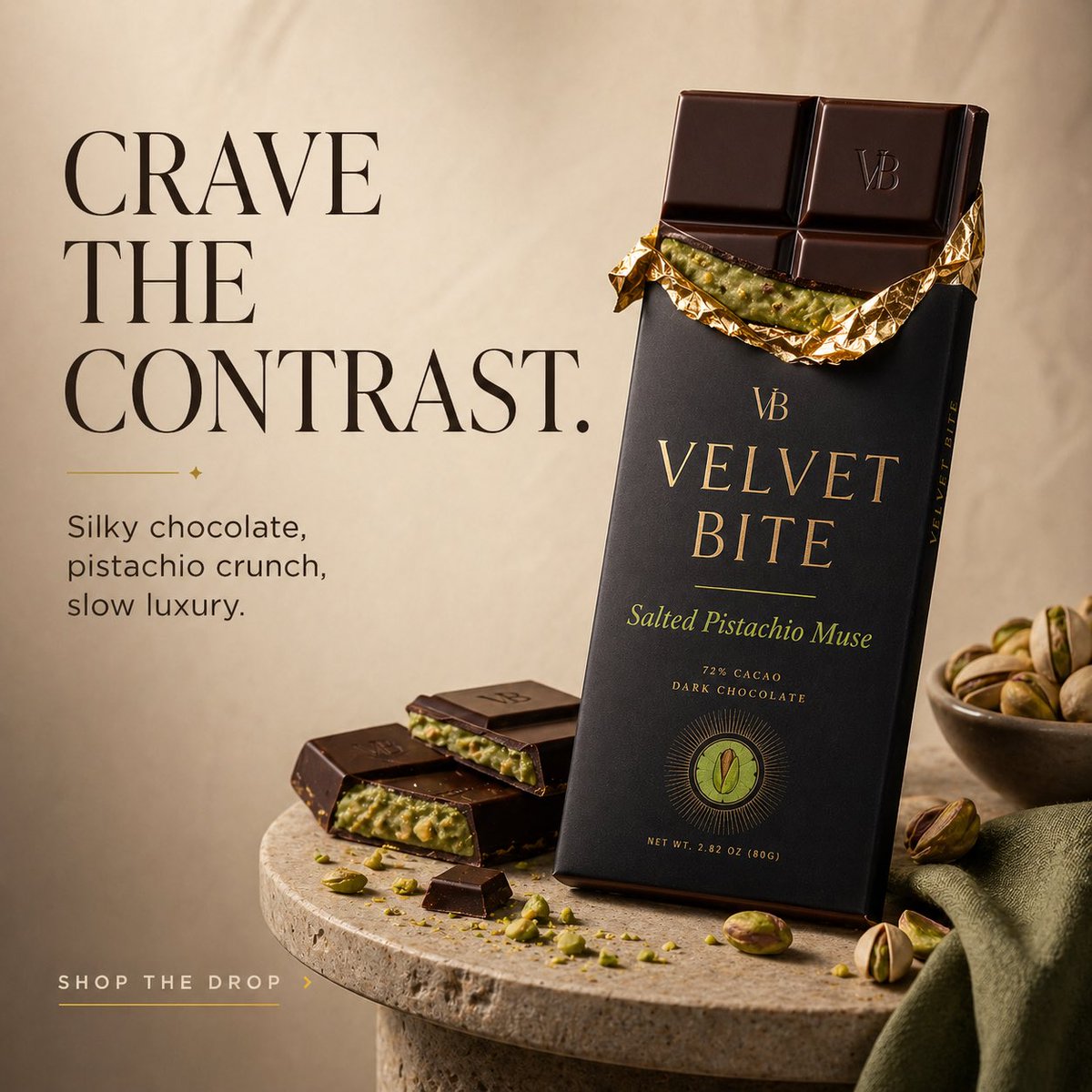 Luxury chocolate brand campaign featuring Velvet Bite dark chocolate bars in three flavor variations with premium packaging, cinematic lighting, and elegant editorial styling. Thumbnail 2