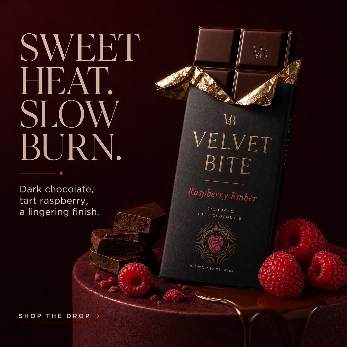 Luxury chocolate brand campaign featuring Velvet Bite dark chocolate bars in three flavor variations with premium packaging, cinematic lighting, and elegant editorial styling. Thumbnail 3