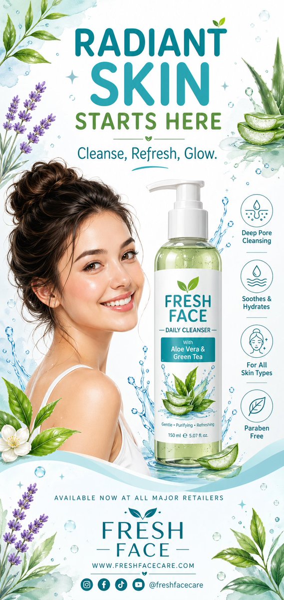 Clean skincare advertising poster featuring a radiant woman, botanical illustrations, and a face wash bottle in soft watercolor and vector style with aqua and teal tones.