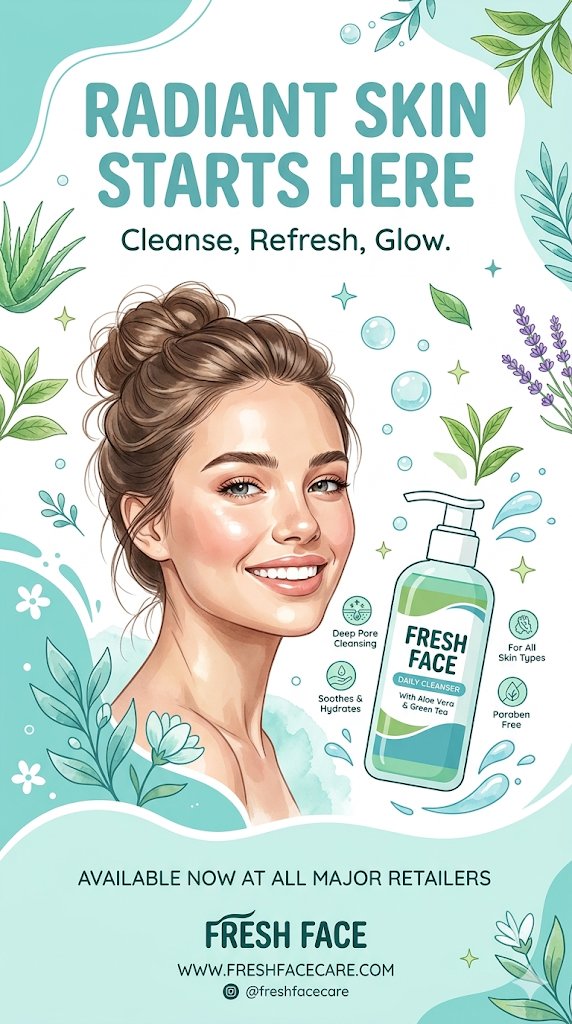 Clean skincare advertising poster featuring a radiant woman, botanical illustrations, and a face wash bottle in soft watercolor and vector style with aqua and teal tones. Thumbnail 2