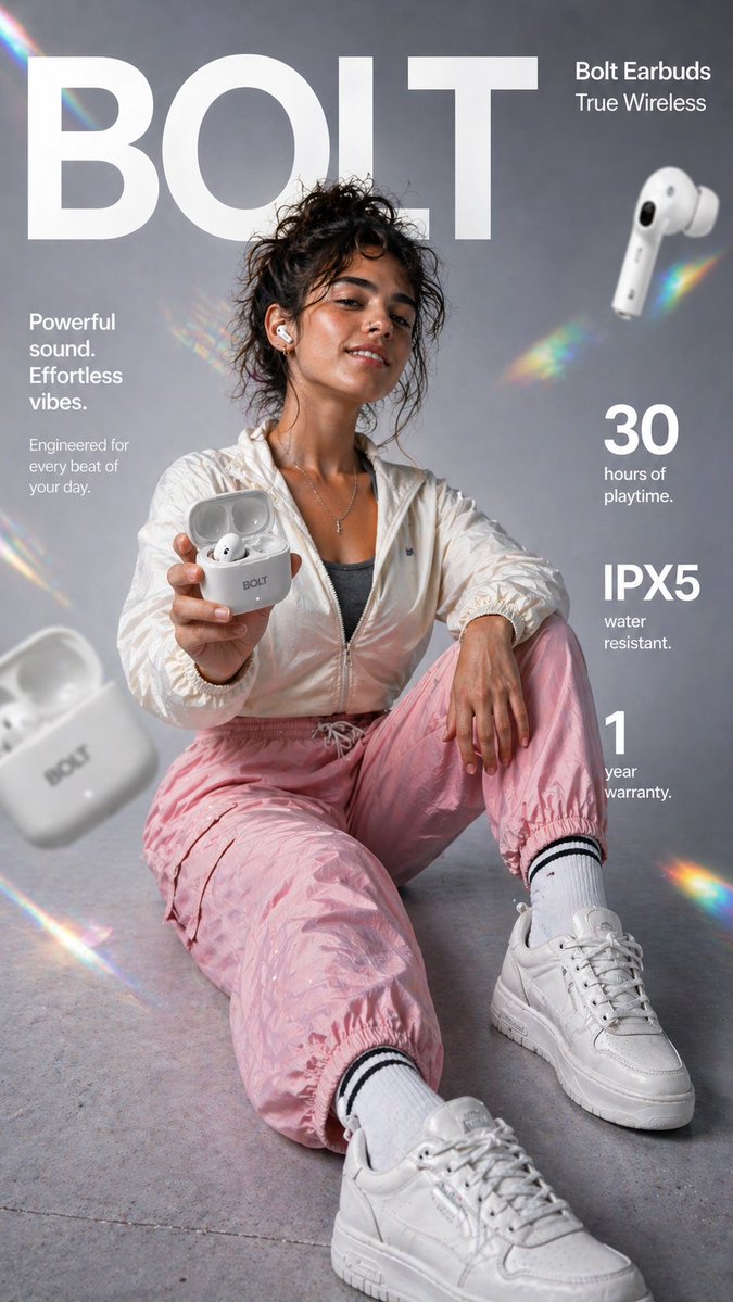 Vertical lifestyle advertisement featuring Bolt wireless earbuds with a model holding charging case, clean studio lighting, modern typography, and premium tech infographic design.