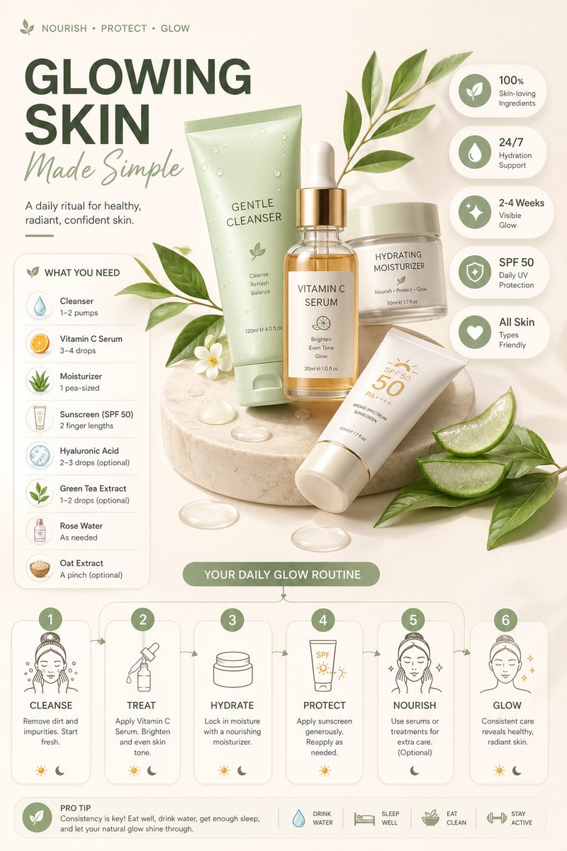 Clean modern infographic layout showing a structured routine with hero visual, steps, ingredients, and stat badges in a minimal editorial design style.