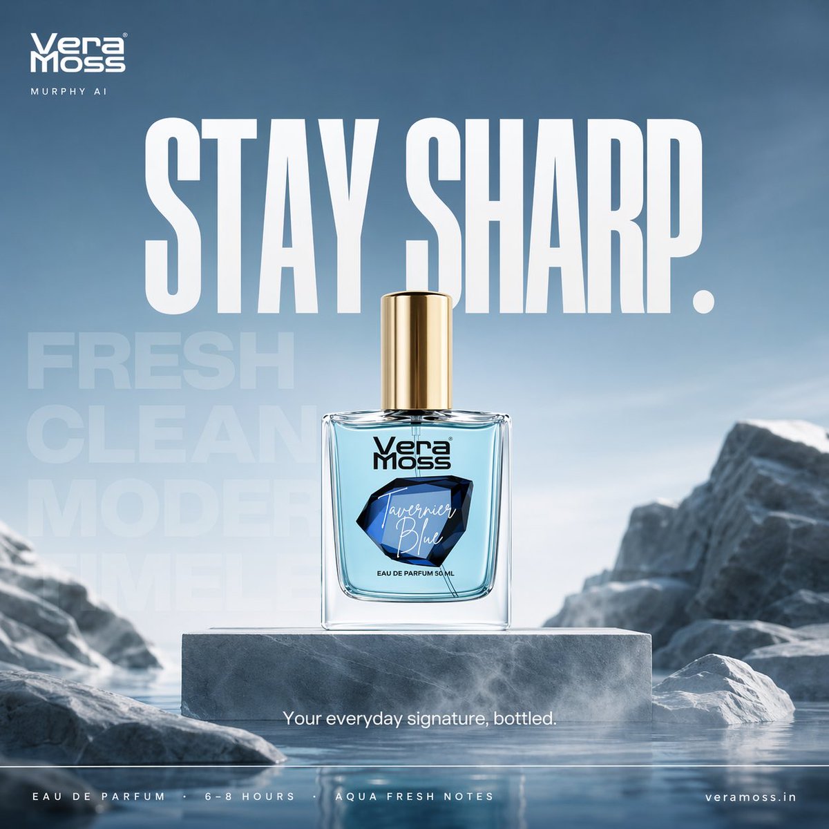 Dual cinematic perfume billboard concepts for Vera Moss featuring a minimal fresh version and an energetic water-motion version with premium typography and luxury advertising design.