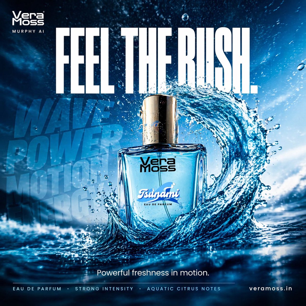 Dual cinematic perfume billboard concepts for Vera Moss featuring a minimal fresh version and an energetic water-motion version with premium typography and luxury advertising design. Thumbnail 2