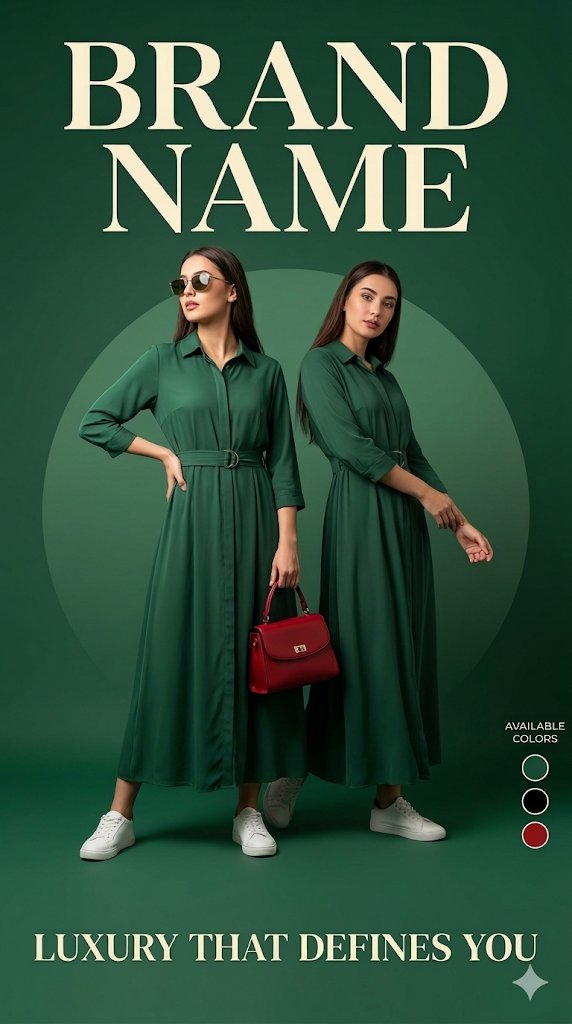 Luxury fashion advertisement poster featuring two female models in elegant green themed outfits against a deep green studio background with premium editorial lighting.
