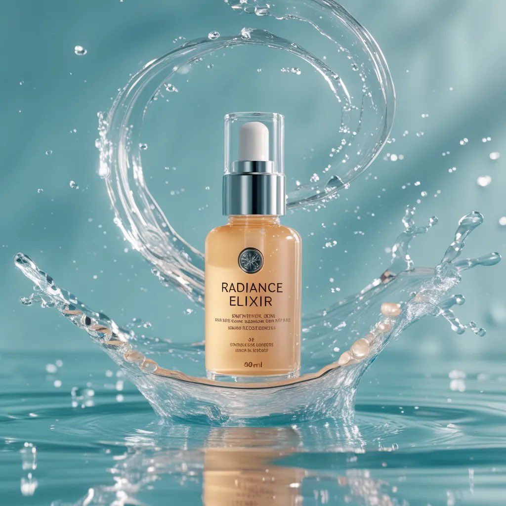 Luxury skincare bottle centered in frame with glossy liquid base, pastel gradient background, and cinematic lighting with smooth 360-degree orbit camera effect.