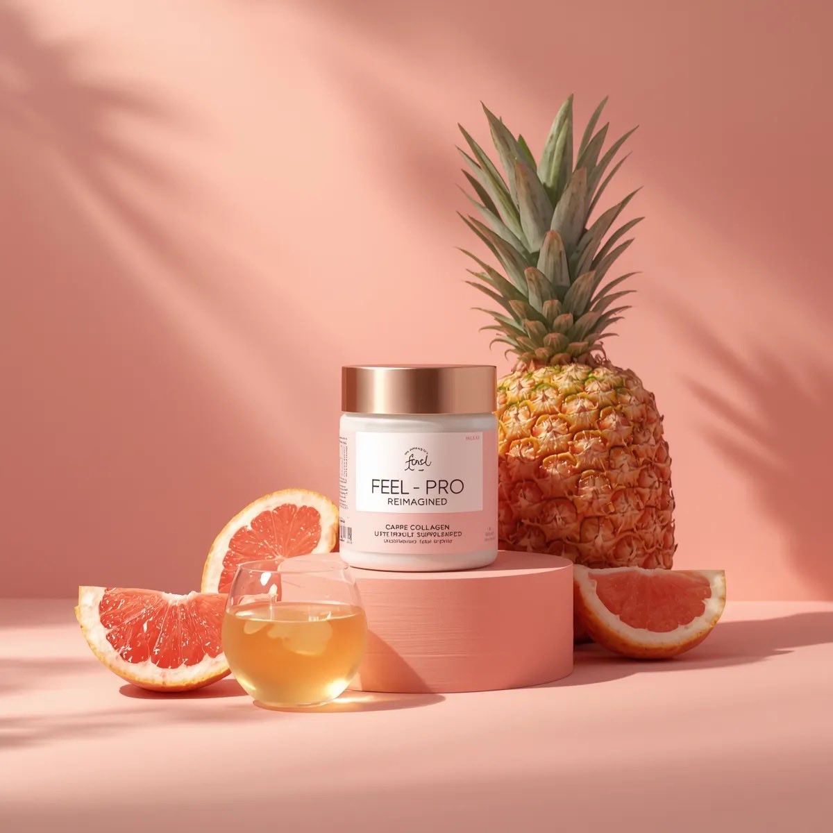 Minimal luxury collagen supplement jar on pastel peach background with pineapple, grapefruit slices, and warm sunlight casting soft shadows in an editorial product shot.