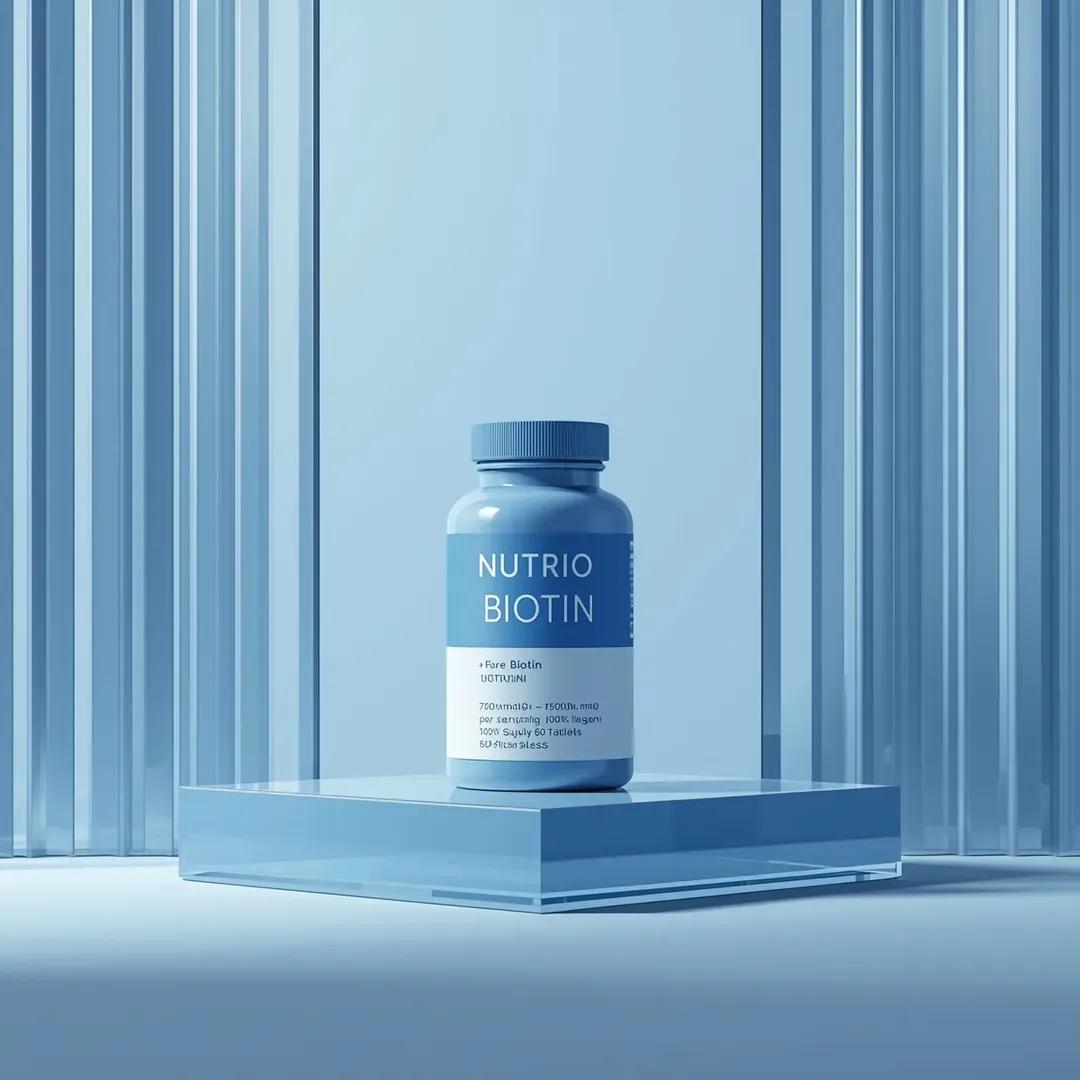 Minimal pharmaceutical-style biotin supplement container labeled NUTRIO placed in a monochromatic blue studio with acrylic reflections and soft premium lighting. Thumbnail 2
