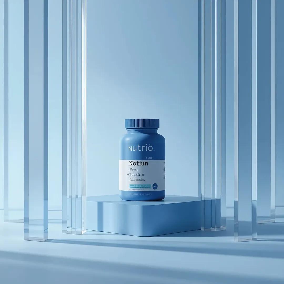 Minimal pharmaceutical-style biotin supplement container labeled NUTRIO placed in a monochromatic blue studio with acrylic reflections and soft premium lighting. Thumbnail 3