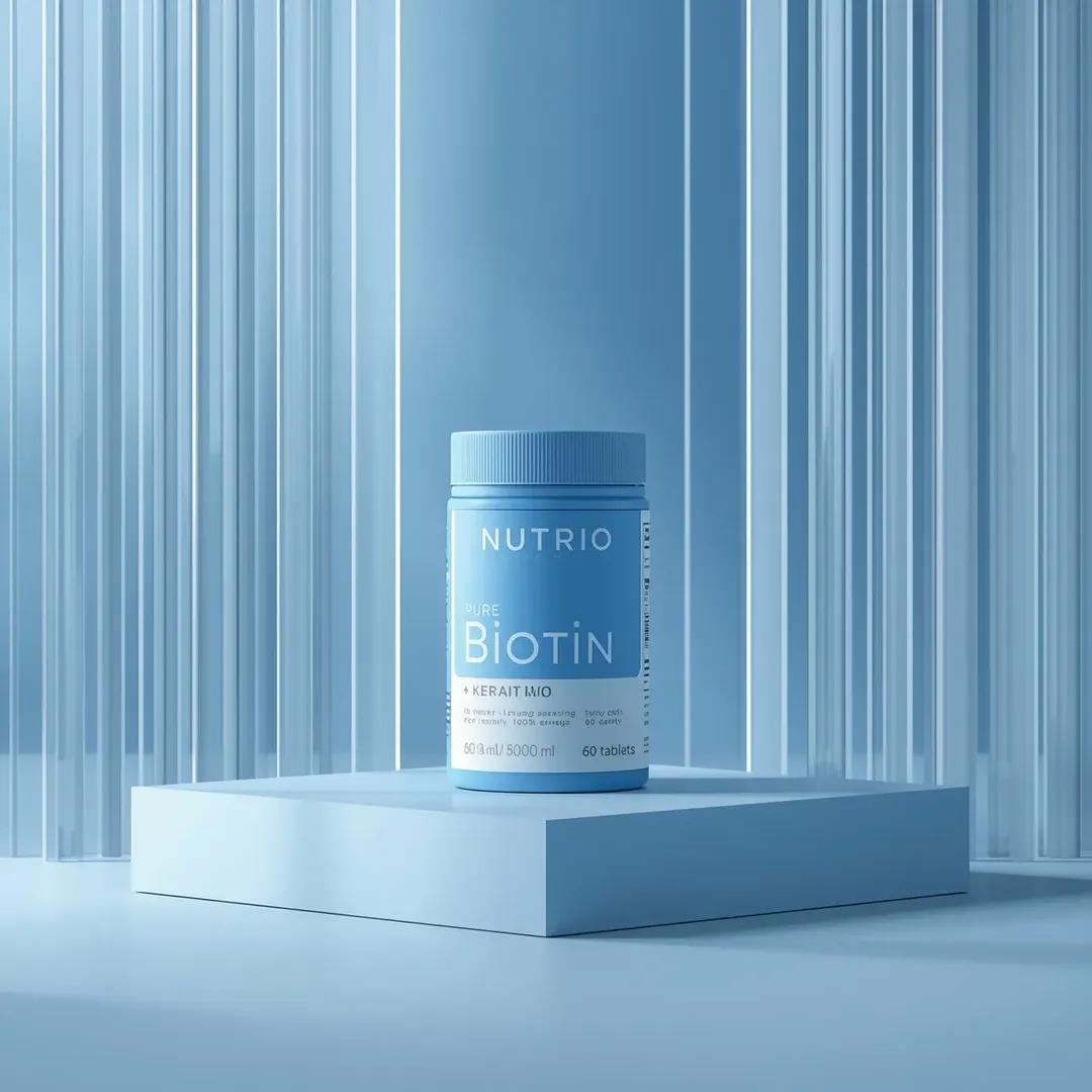 Minimal pharmaceutical-style biotin supplement container labeled NUTRIO placed in a monochromatic blue studio with acrylic reflections and soft premium lighting. Thumbnail 4