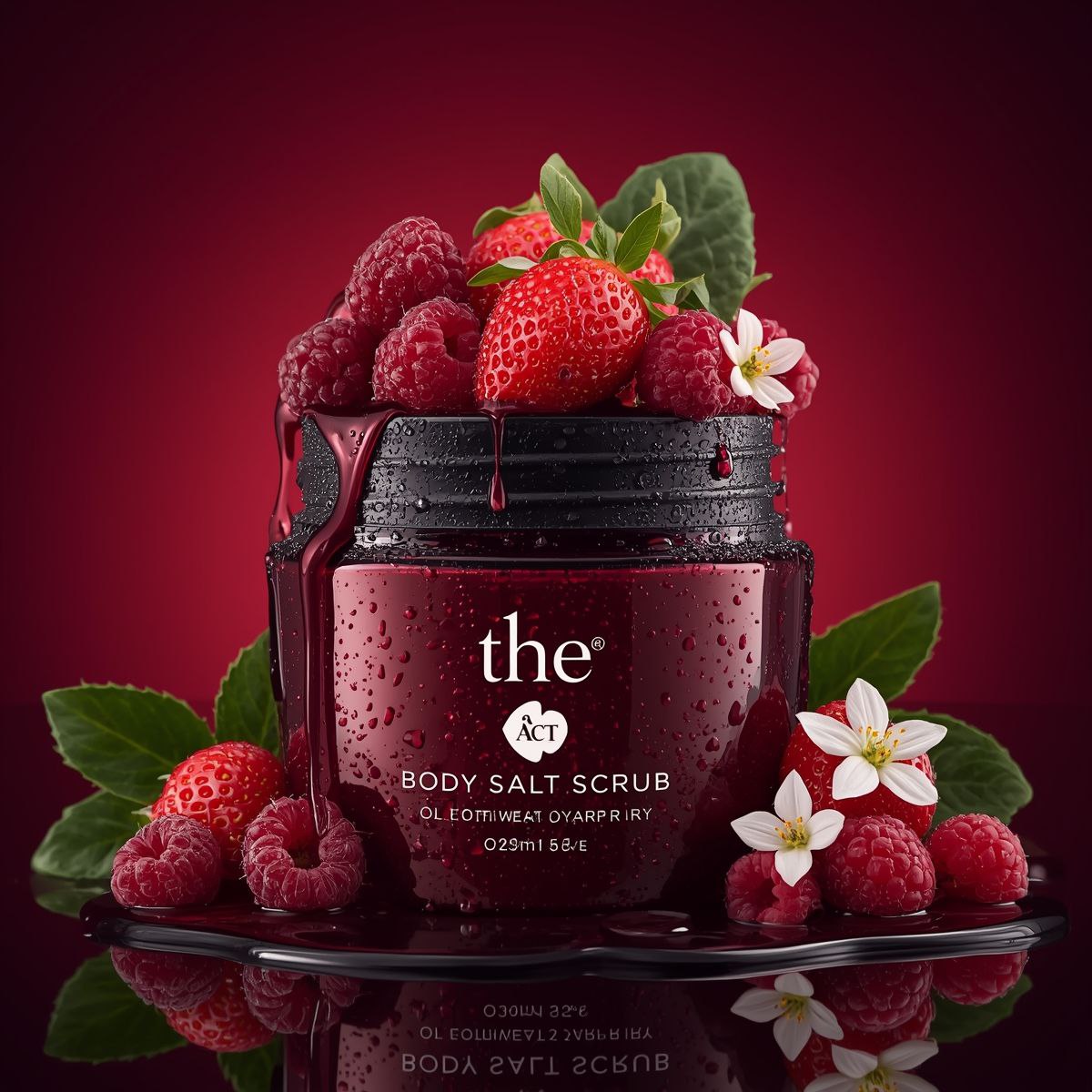 Luxury skincare jar assembly animation showing strawberries, raspberries, flowers, and leaves smoothly forming a premium cosmetic composition on a red reflective surface.
