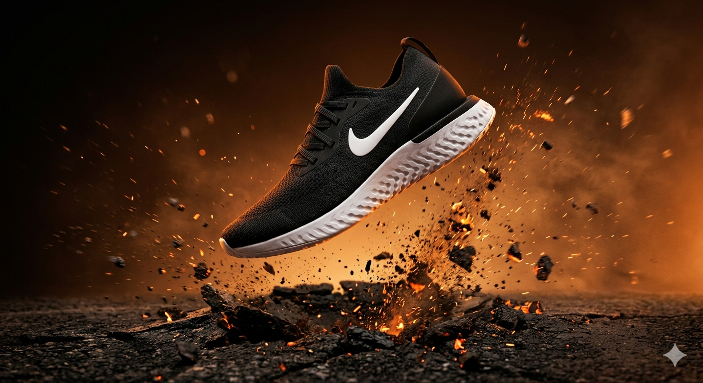 Cinematic sports advertisement showing a black running shoe exploding off cracked ground with sparks, debris, and dramatic orange lighting in a high-energy performance scene.