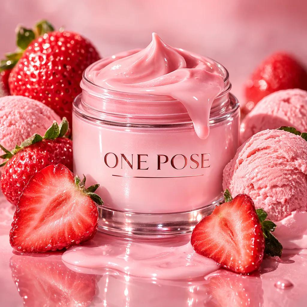 Luxury strawberry skincare jar labeled ONE POSE surrounded by fresh strawberries, melting ice cream, and glossy pink cream on a reflective surface in a pastel studio setting.