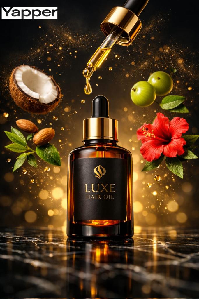 Luxury herbal hair oil bottle in amber glass with golden droplets pouring from a dropper, surrounded by floating botanical ingredients in cinematic studio lighting.