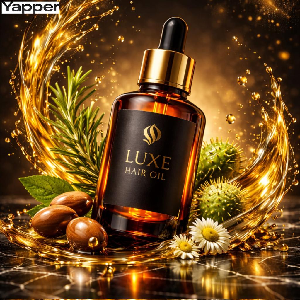 Luxury herbal hair oil bottle in amber glass with golden droplets pouring from a dropper, surrounded by floating botanical ingredients in cinematic studio lighting. Thumbnail 2