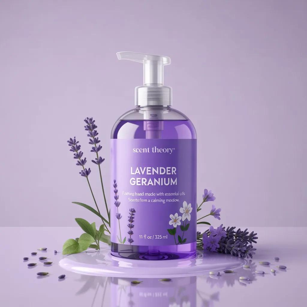 Luxury cosmetic bottle in soft purple studio environment with milk-like liquid base and lavender accents, shown in smooth 360-degree orbit animation.