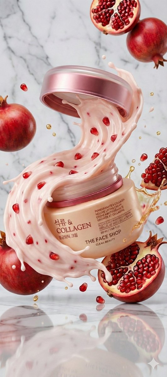 Luxury collagen skincare jar exploding mid-air with whipped pink cream, pomegranate seeds, and floating fruit elements in a warm beige cinematic studio background. Thumbnail 2