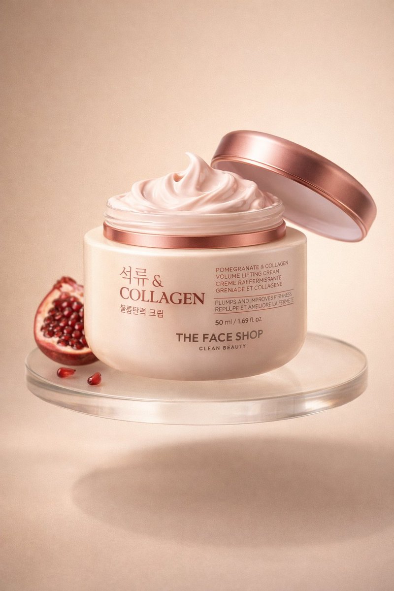 Luxury collagen skincare jar exploding mid-air with whipped pink cream, pomegranate seeds, and floating fruit elements in a warm beige cinematic studio background. Thumbnail 3