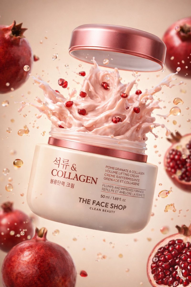Luxury collagen skincare jar exploding mid-air with whipped pink cream, pomegranate seeds, and floating fruit elements in a warm beige cinematic studio background. Thumbnail 4