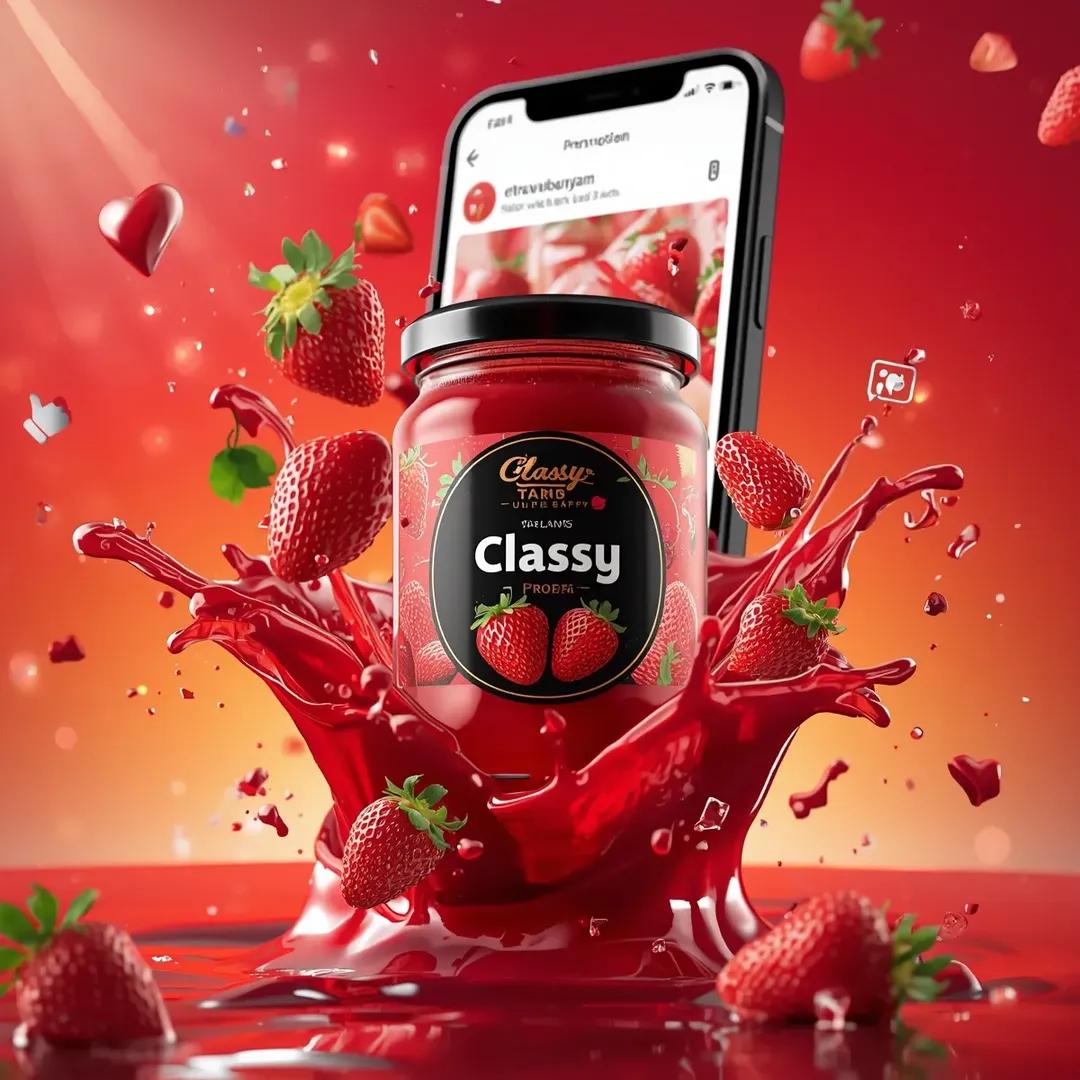 Floating glass jar of strawberry jam surrounded by fruit splashes, social media icons, and a smartphone UI in a vibrant cinematic red-orange advertising scene.