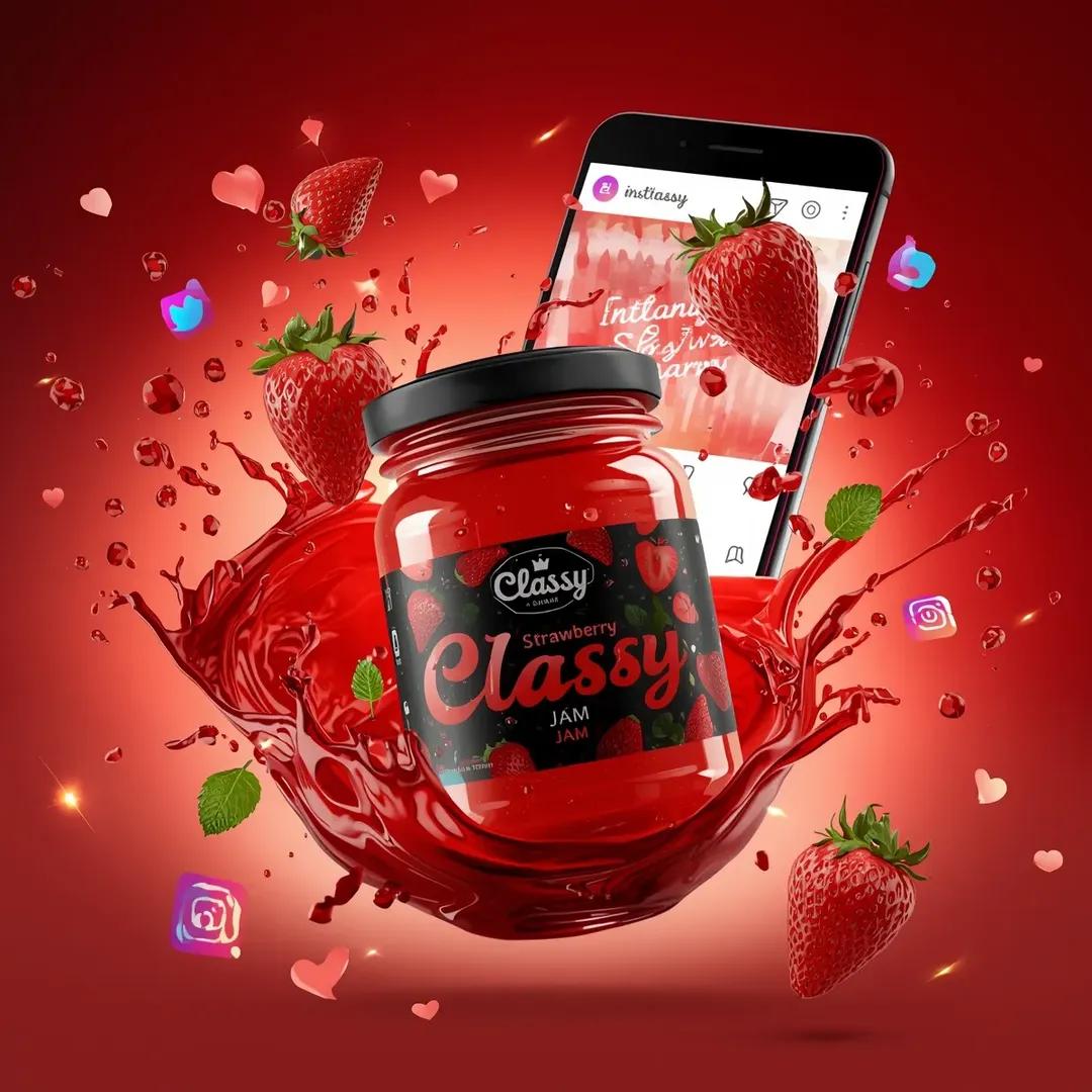 Floating glass jar of strawberry jam surrounded by fruit splashes, social media icons, and a smartphone UI in a vibrant cinematic red-orange advertising scene. Thumbnail 2