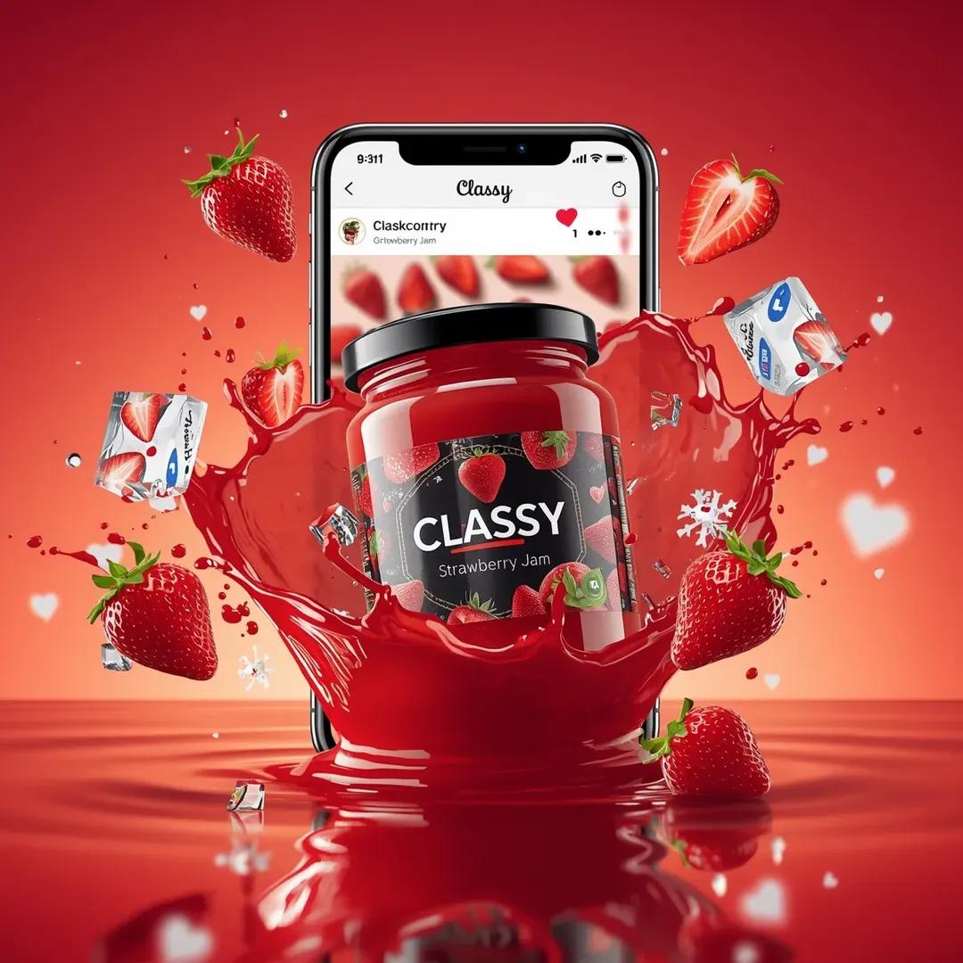 Floating glass jar of strawberry jam surrounded by fruit splashes, social media icons, and a smartphone UI in a vibrant cinematic red-orange advertising scene. Thumbnail 3